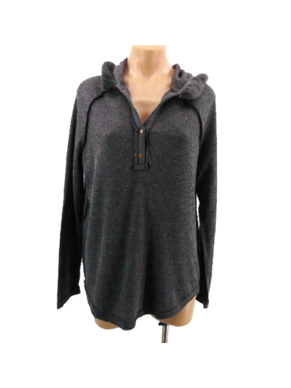 Umgee Womens Gray Thermal Knit Hoodie Top Size M Oversize Faux Fur Raw V Neck BT